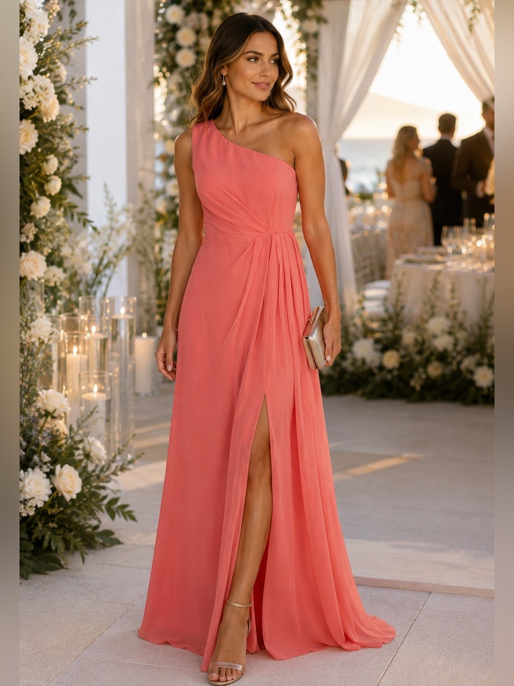 HY ONE SHOULDER CORSET STYLE FORMAL WEDDING GUEST PROM GOWN DRESS CORAL SIZE 12